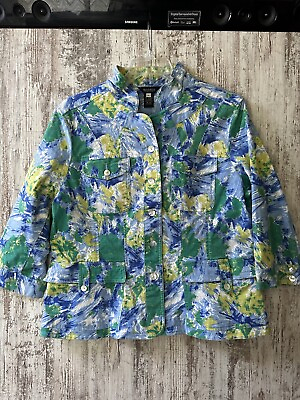 #ad MULTIPLES Women#x27;s Size XL Blue Watercolor Pattern Button Front Jacket Pockets