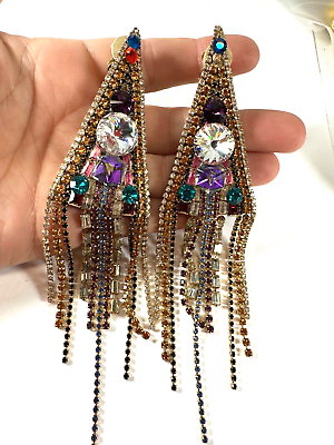 #ad Vintage Earrings Clip On Chandelier Fringe Tassel Huge Fantasy Crystal 80s