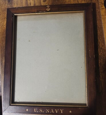 #ad Solid Wood Vintage U.S. Navy Picture Frame Vtg Frame W Glass 11quot;x9quot; O.D.