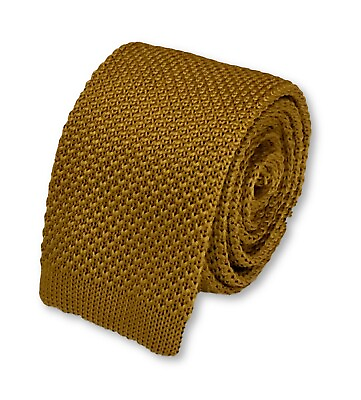 #ad Frederick Thomas Knitted Silk Mens Tie Mustard Gold Yellow Plain Skinny
