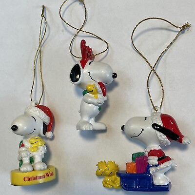 #ad Peanuts Snoopy Vintage Christmas Ornaments PVC United Feature Syndicate Set of 3