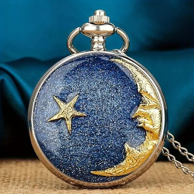 #ad Moon Star Embossed Quartz Pocket Watch Vintage Necklace Chain Watch Gift New