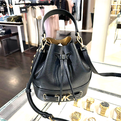 #ad Michael Kors Medium Leather Bucket Crossbody Handbag Bag Purse Shoulder Black
