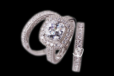 #ad 3pcs Cushion Cut cz 925 Sterling Silver Wedding Band Engagement Ring Set 5 10