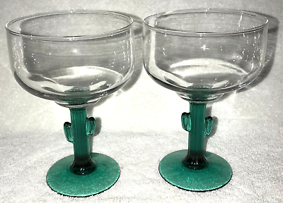 #ad Vintage 2 Libbey Margarita Glasses Green Cactus Stem 6quot; 12 Ounce NICE