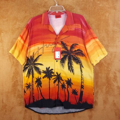 #ad HUGO Mens Shirt Large Red Button Up Palm Trees Tropical Sunset Hawaiian ELLINO