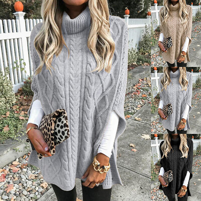 #ad Womens Knit Poncho Shawl Turtle Neck Sweater Winter Cable Cape Wrap Jumper Tops