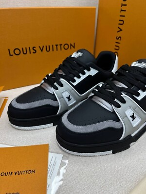 #ad Louis Vuitton Black Grey Leather and Suede LV Trainer Sneakers 9