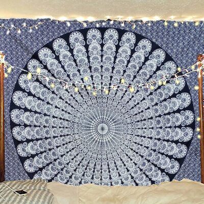 #ad Indian hippie Bohemian Psychedelic Golden Blue Peacock Mandala Wall hanging B...