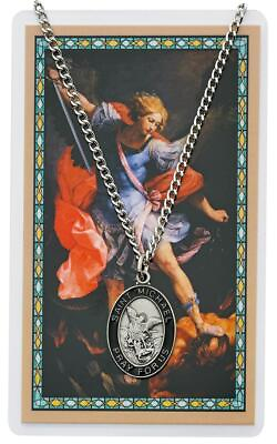 #ad St Michael Black Enameled Medal with 24in Chain and Laminated Holy Card Set