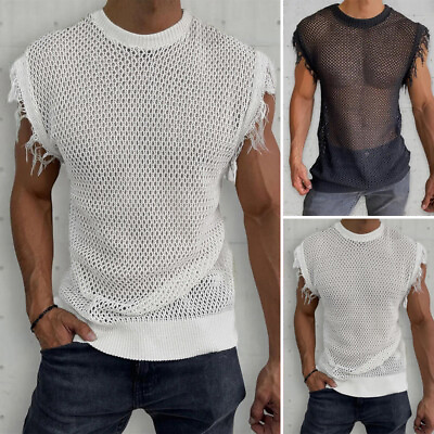 #ad Fashion Mens Fishnet Mesh Sheer Tops Vest Casual Loose Solid Tee Shirt Blouse