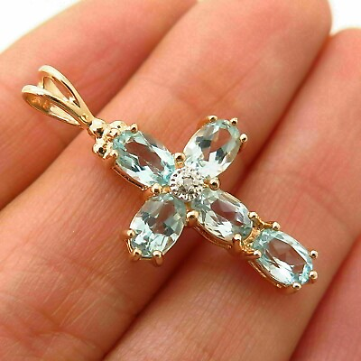 #ad 2 Ct Oval Cut Aquamarine Cross Womens Pendant in 14k Yellow Gold Over