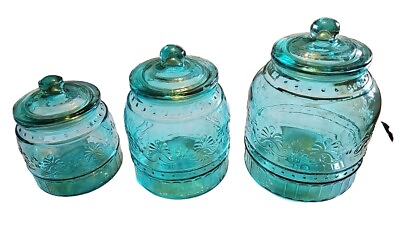 #ad Set of 3 Pioneer Women ‘Cassie’ Teal Pressed Pattern Glass Jar Canister w Lids