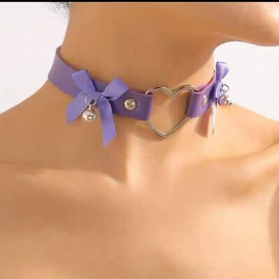 #ad Silver Heart Bow Choker Necklace Classic Studded Purple Choker 70#x27;s Style