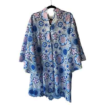 #ad La Vie Style House Floral Lace Crochet Mini Caftan White Blue Women#x27;s