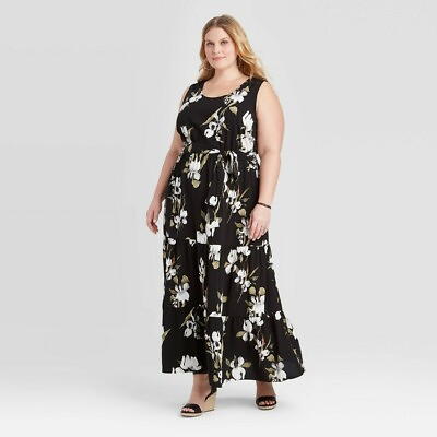 #ad Women#x27;s Plus Size Floral Print Sleeveless Tiered Dress Ava amp; Viv Black XL NEW