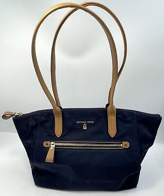 #ad Michael Kors Kempton Women#x27;s Blue Brown Logo Double Strap Shoulder Tote Bag