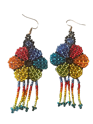 #ad Fashion Seed Bead Earrings flower dangling strands red purple yellow green blue