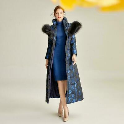 #ad Womens Trendy Real Fur Collar Hood Printed Long Coat Winter Padded Thicken Coat
