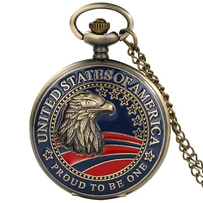 #ad American Flag Eagle Quartz Pocket Watch Vintage Bronze Necklace Watch Gift Women