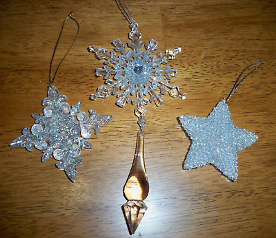 #ad Lot of 3 Glittered Iridescent Acrylic Christmas Tree Ornaments Snowflakes Star $14.95