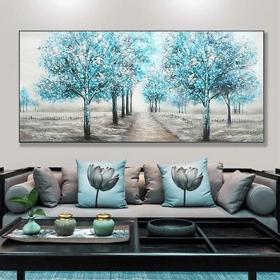 #ad Hand Painted Textured Blue Tower Tree Oil Painting on Canvas Abstract Teal Life
