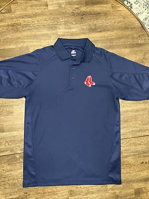 #ad Majestic Boston Red Sox Men#x27;s Navy Blue Polo Shirt Sewn Logo Medium EUC