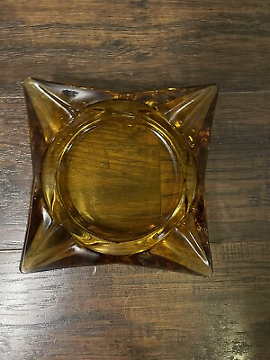 #ad Vintage Mid Century Square Yellow Amber Ashtray Glass Heavy Collectible