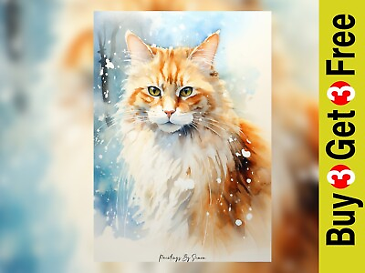 #ad Ginger Cat Watercolor Portrait Traditional Art Print 5quot;x7quot; on Matte Paper