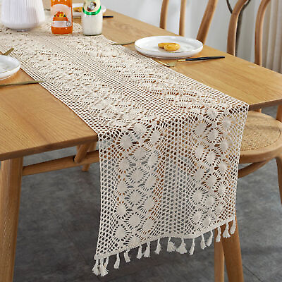#ad Vintage Table Runner Dresser Scarf Hand Crochet Lace Doily With Tassel Gift