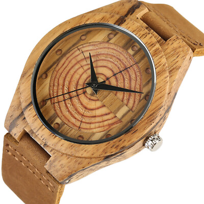 #ad Men#x27;s Wood Watch Handmade Quartz Wrist Watches Brown Genuine Leather Starp Sport