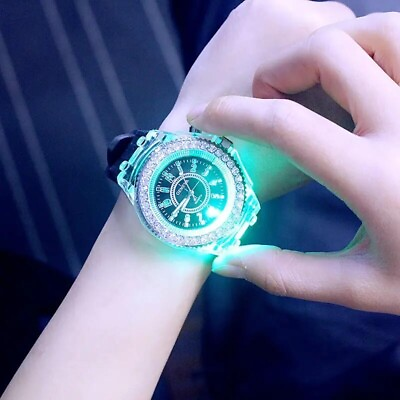 #ad Fashion Sky Blue Glowing Quartz Watch Transparent Luminous Function Unisex Gift
