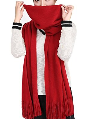 #ad Women#x27;s Warm Long Scarves Winter Scarfs Pure Color Scarf Tassel Wine Red
