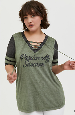 #ad Torrid Size 4x Green Lace up Football T Shirt Plus Womens Pardon my Sarcasm