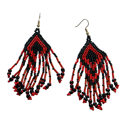 #ad Fashion Seed Bead Earrings long dangling strands red black