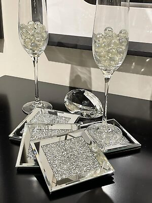 #ad Glass Coasters for Drinks Set of 4 Diamond Decor Silver Crystal Coaster Mirr