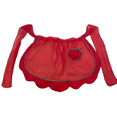 #ad Vintage Sheer Red Retro Half Apron Heart Pocket Cottage Core Scallop Hem Ties
