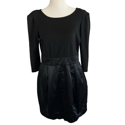 #ad BCBGENERATION Black Long Sleeve Mini Dress Pockets Cotton top Satin Skirt Sz 10