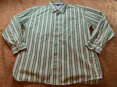 #ad Tommy Hilfiger Mens Size XL Button Up Shirt Classic Green Striped Long Sleeve