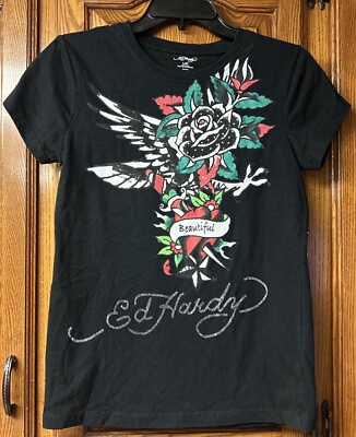 #ad Ed Hardy T Shirt Girl’s Size Large Rose And Eagle Graphic Rhinestone Black