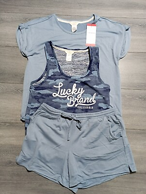 #ad Lucky Brand Pajama Set Adult Medium Blue *3 Piece* Logo Camo Lounge Womens