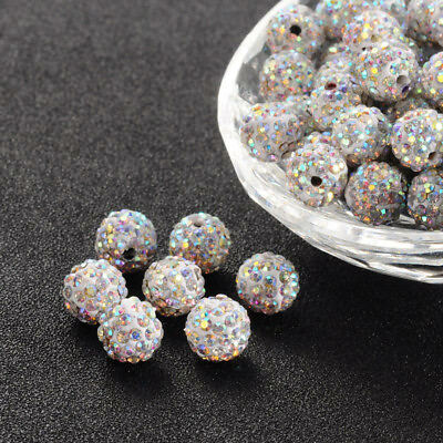 #ad 100x Round Crystal AB Polymer Clay Rhinestone Pave Disco Ball Beads Crafts 10mm
