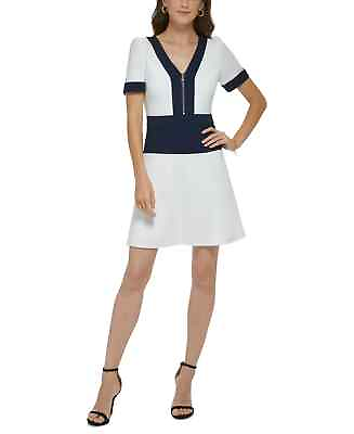 #ad DKNY Zip Front Colorblocked Short Sleeve Dress MSRP $134 Size 10 # 1B 1953 Blm