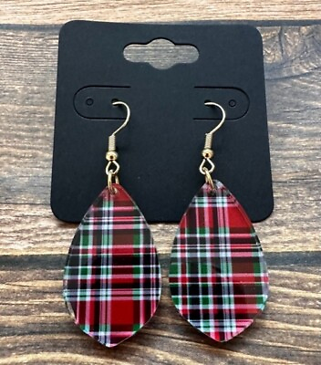 #ad Hypoallergenic Dangle Drop Earrings Holiday Green Red Black Plaid Stripes RTS