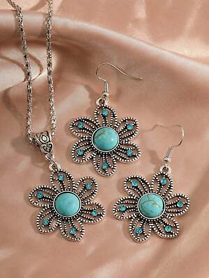 #ad 3pcs set Bohemian Howlite Turquoise Decor Hollow Out Flower Charm Jewelry Set