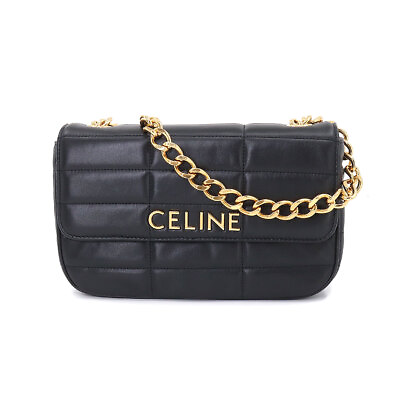 #ad CELINE Chain Shoulder Bag Matelasse Monochrome Leather Black Purse 90206561