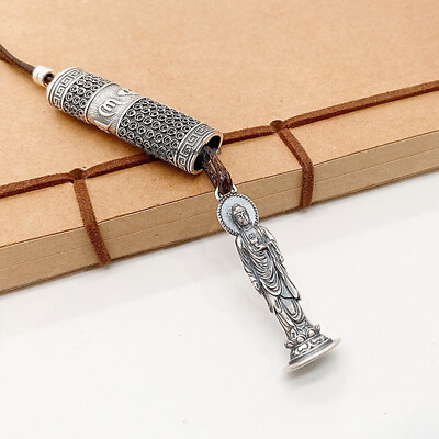 #ad Real 999 Fine Silver Long Buddha Pendant 2 Layer Design Cord Necklace 29inch