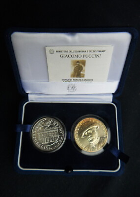 #ad 2004 ITALY rare Diptych silver 2 COINS 5 10 Euro UNC Giacomo Puccini Butterfly