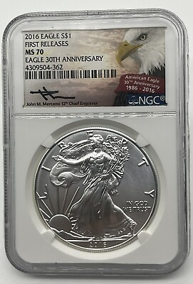 #ad 2016 American Eagle 1 oz Silver Dollar NGC MS70 First Day John Mercanti Signed
