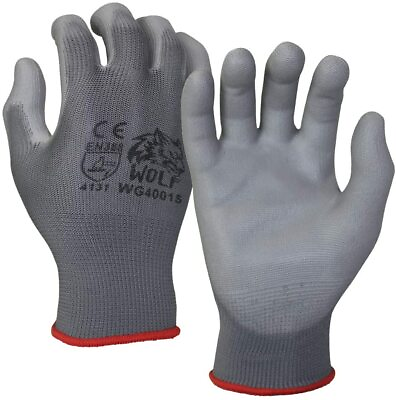 #ad WOLF Ultra Thin Grey Work Gloves Polyurethane Palm Coated Nylon Shell 12 Pairs